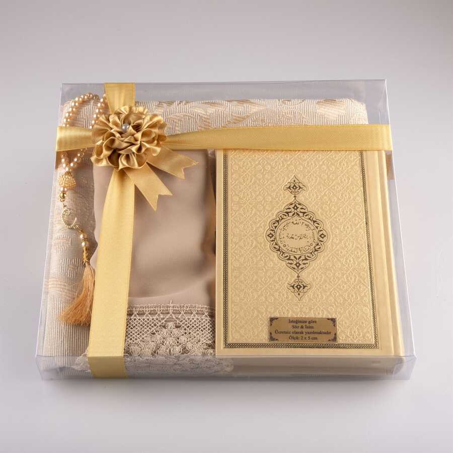 Şal + Seccade + Tesbih + Kuran Hediye Seti (Hafız Boy, Gold